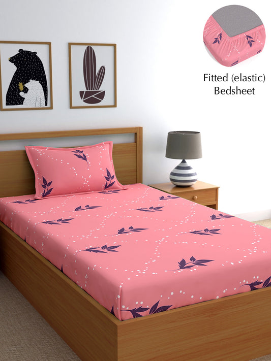 Home Ecstasy 100% Cotton 140 TC Floral Fitted Bedsheet Set - Colour: Light Pink