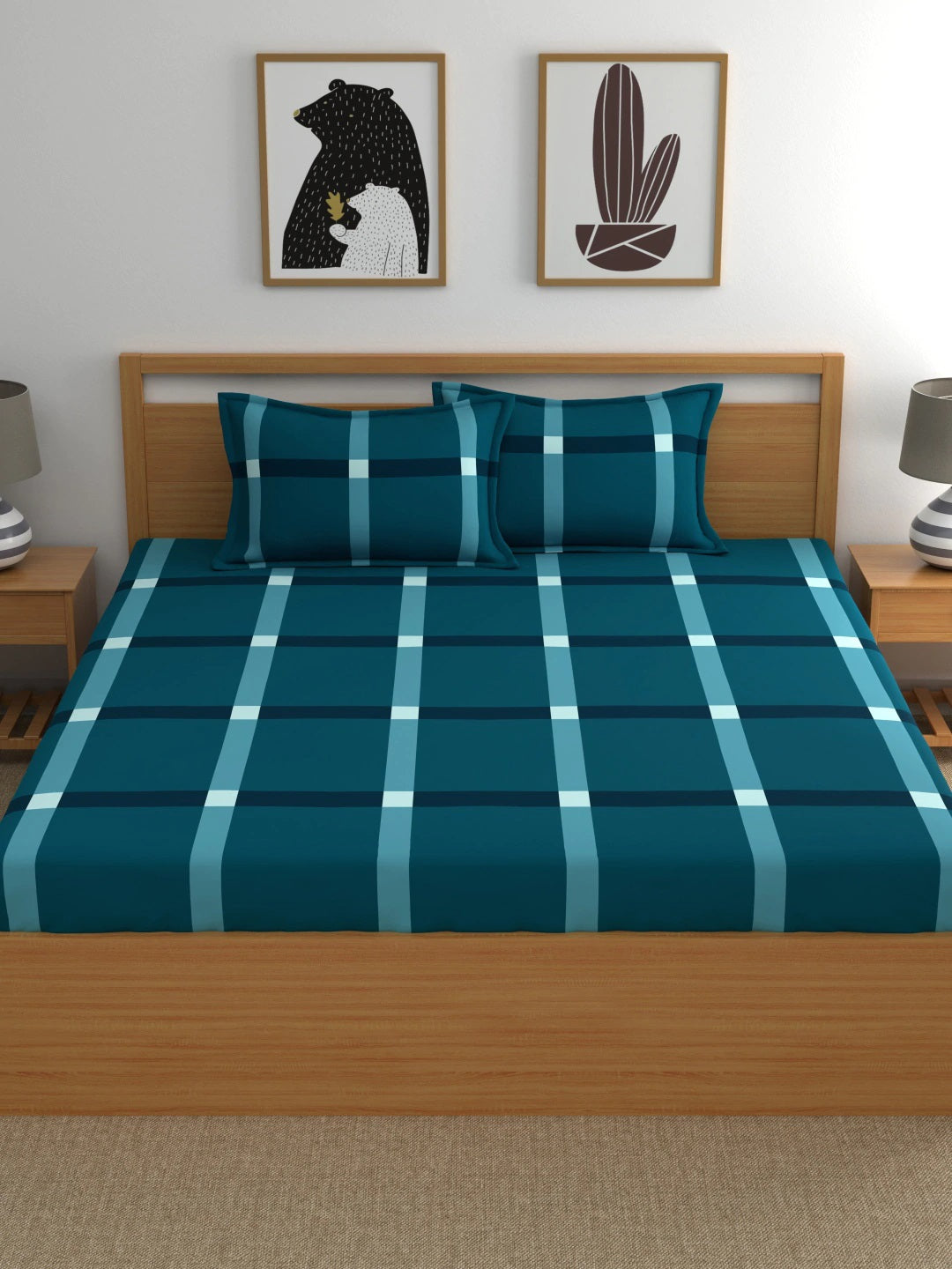 Home Ecstasy 100% Cotton Geometric Bedsheet Set | 140 TC | Teal Blue