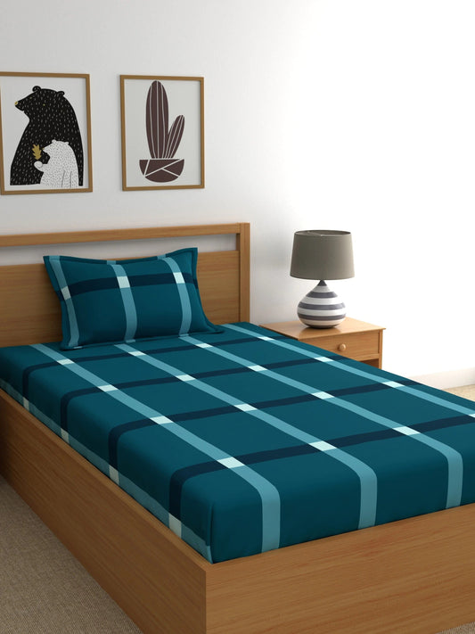 Home Ecstasy 100% Cotton 140 TC Geometric Fitted Bedsheet Set - Colour: Teal Blue