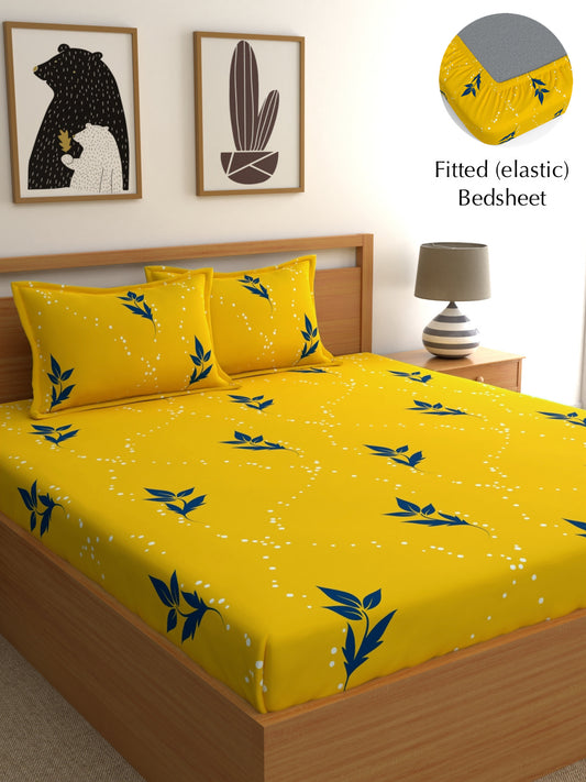 Home Ecstasy 100% Cotton 140 TC Floral Bedsheet Set - Colour: Yellow