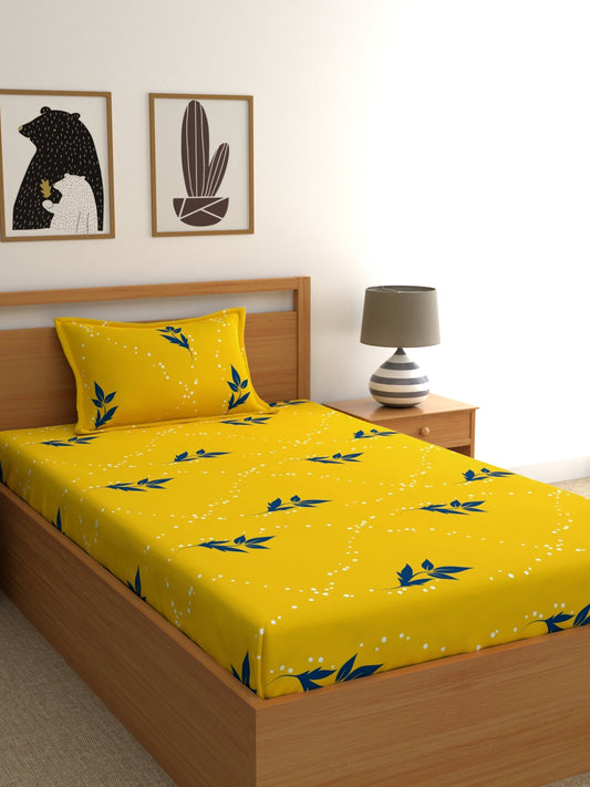Home Ecstasy 100% Cotton 140 TC Floral Bedsheet Set - Colour: Yellow (Single Fitted)