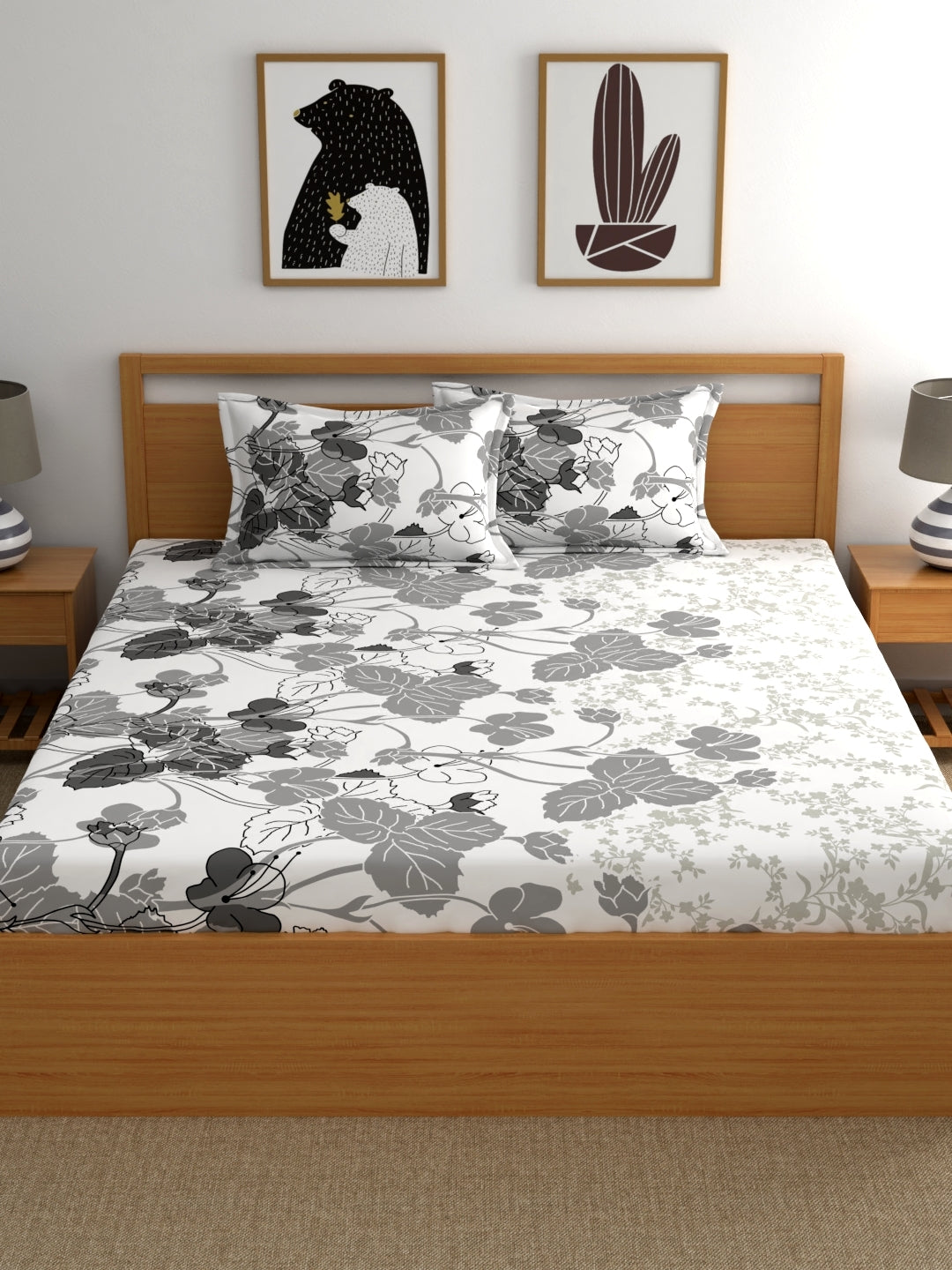 Home Ecstasy 100% Cotton Floral Bedsheet Set | 140 TC | Grey