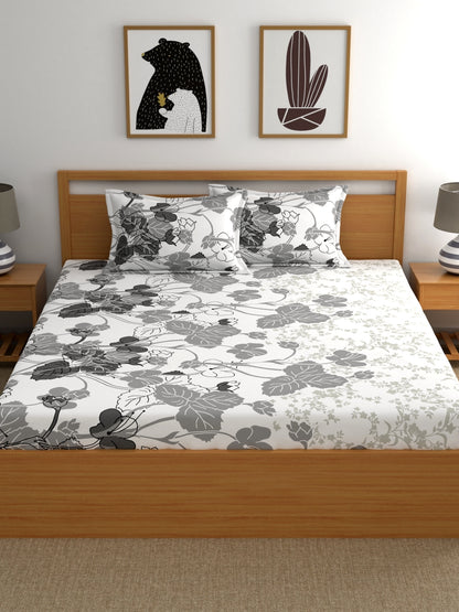 Home Ecstasy 100% Cotton Floral Bedsheet Set | 140 TC | Grey