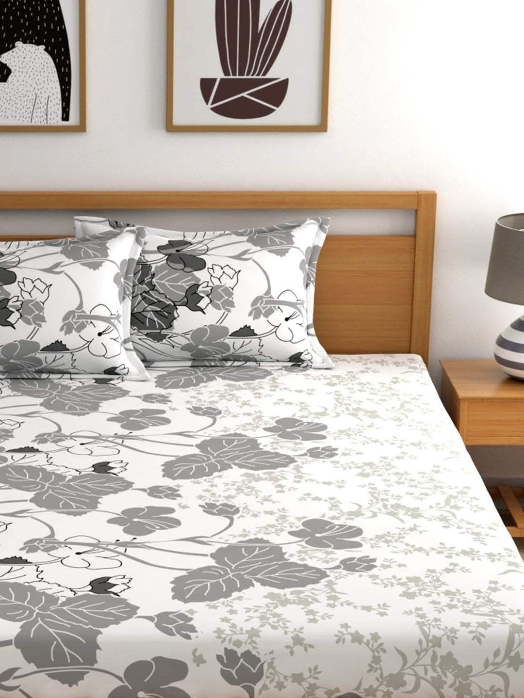 Home Ecstasy 100% Cotton Floral Bedsheet Set | 140 TC | Grey