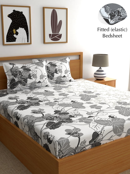 Home Ecstasy 100% Cotton Floral Bedsheet Set | 140 TC | Grey