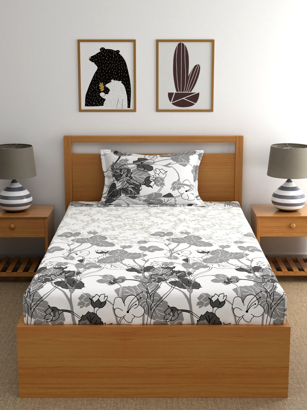 Home Ecstasy 100% Cotton Floral Bedsheet Set | 140 TC | Grey