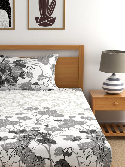 Home Ecstasy 100% Cotton Floral Bedsheet Set | 140 TC | Grey