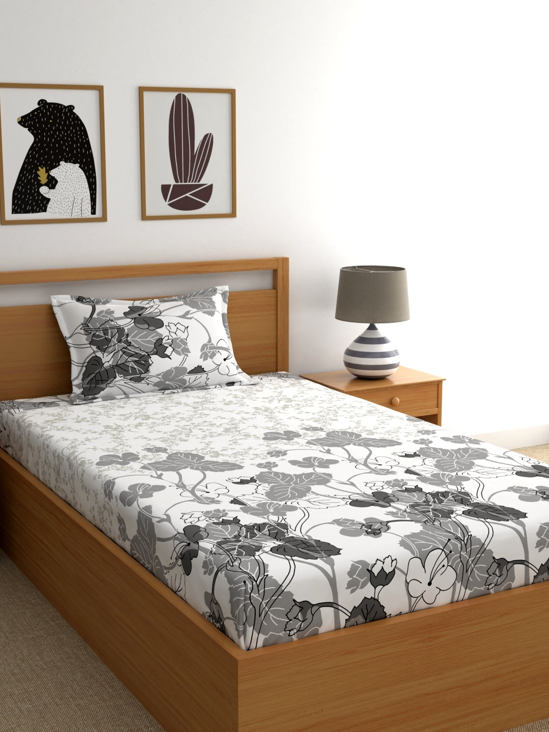 Home Ecstasy 100% Cotton Floral Bedsheet Set | 140 TC | Grey