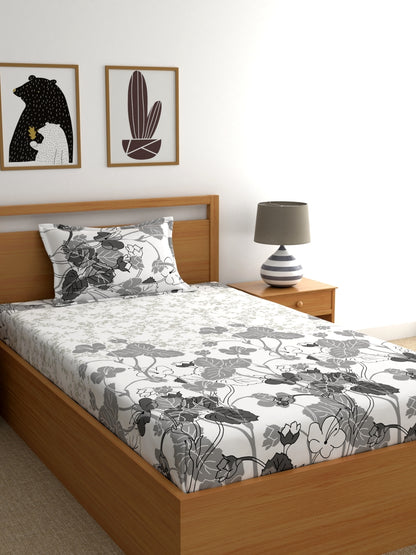 Home Ecstasy 100% Cotton Floral Bedsheet Set | 140 TC | Grey