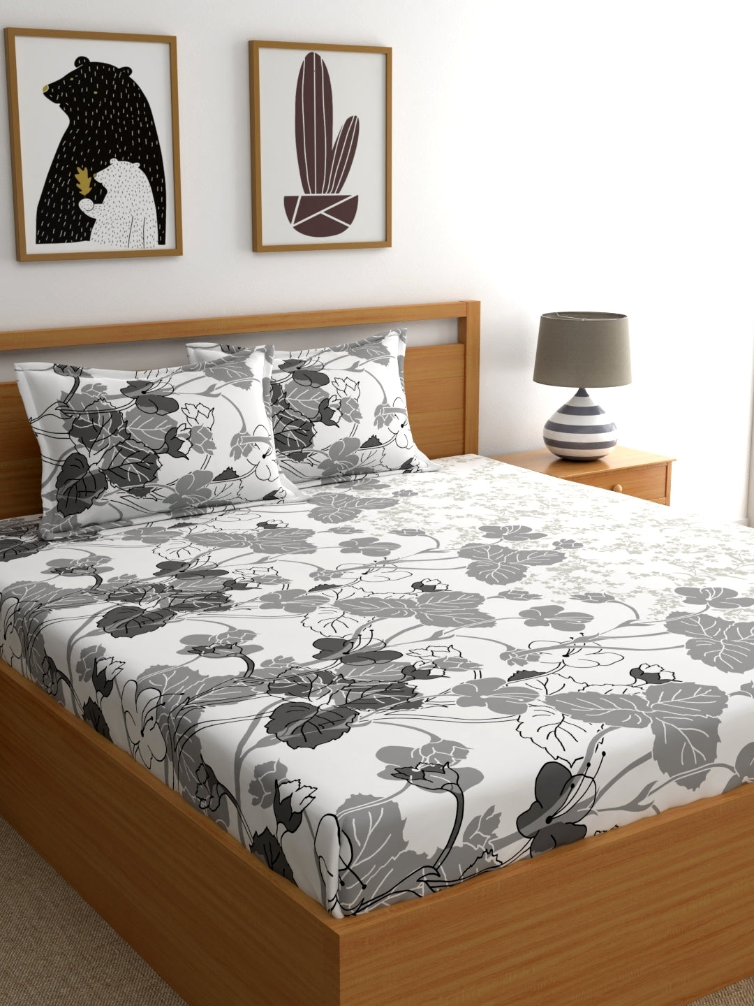 Home Ecstasy 100% Cotton Floral Bedsheet Set | 140 TC | Grey