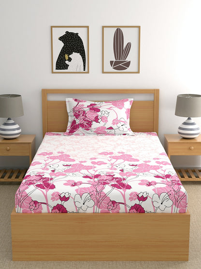 Home Ecstasy 100% Cotton Floral Bedsheet Set | 140 TC | Light Pink