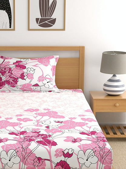 Home Ecstasy 100% Cotton Floral Bedsheet Set | 140 TC | Light Pink