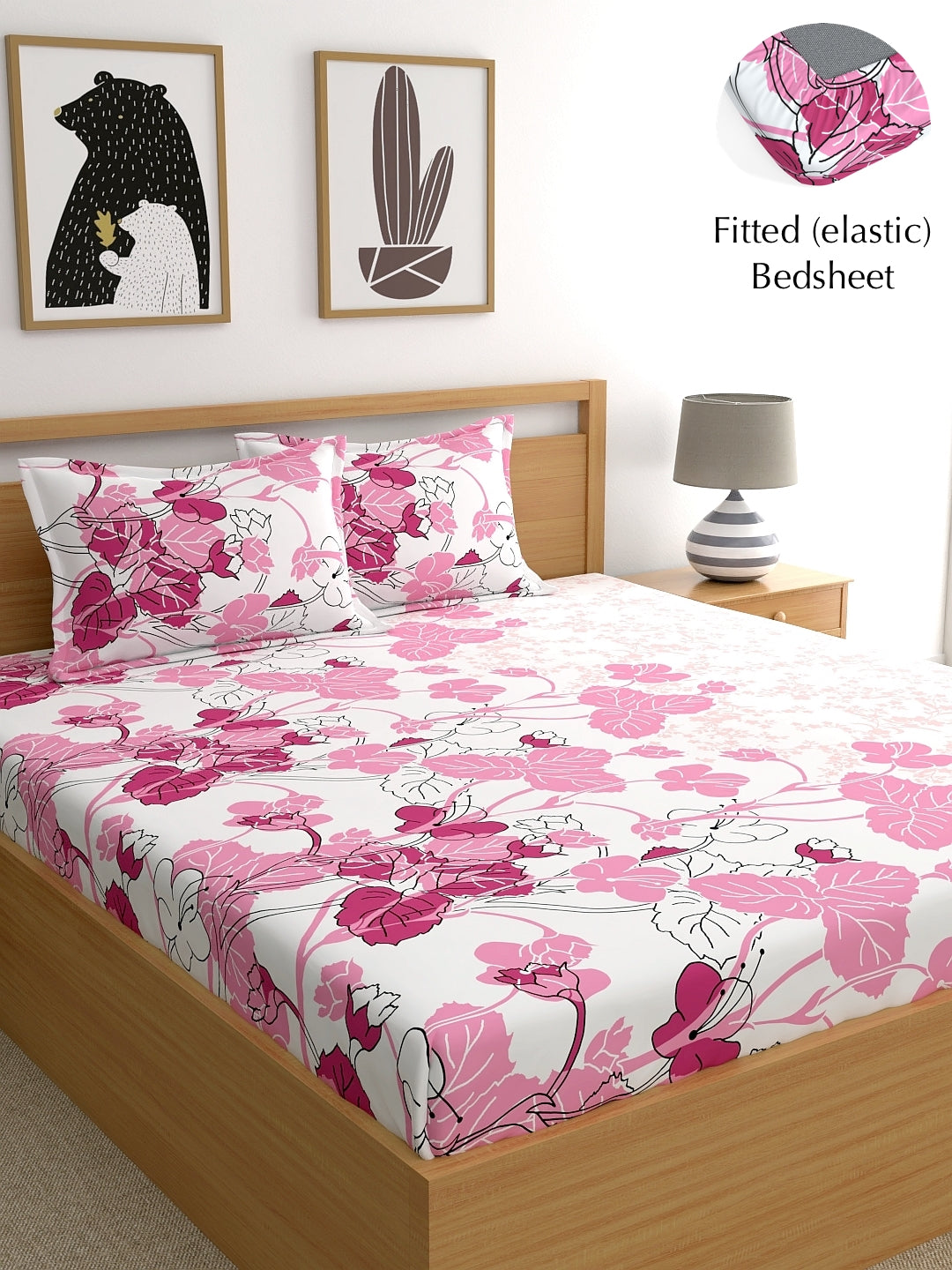 Home Ecstasy 100% Cotton Floral Bedsheet Set | 140 TC | Light Pink