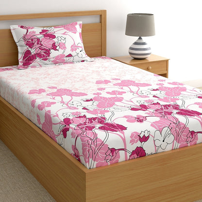 Home Ecstasy 100% Cotton Floral Bedsheet Set | 140 TC | Light Pink