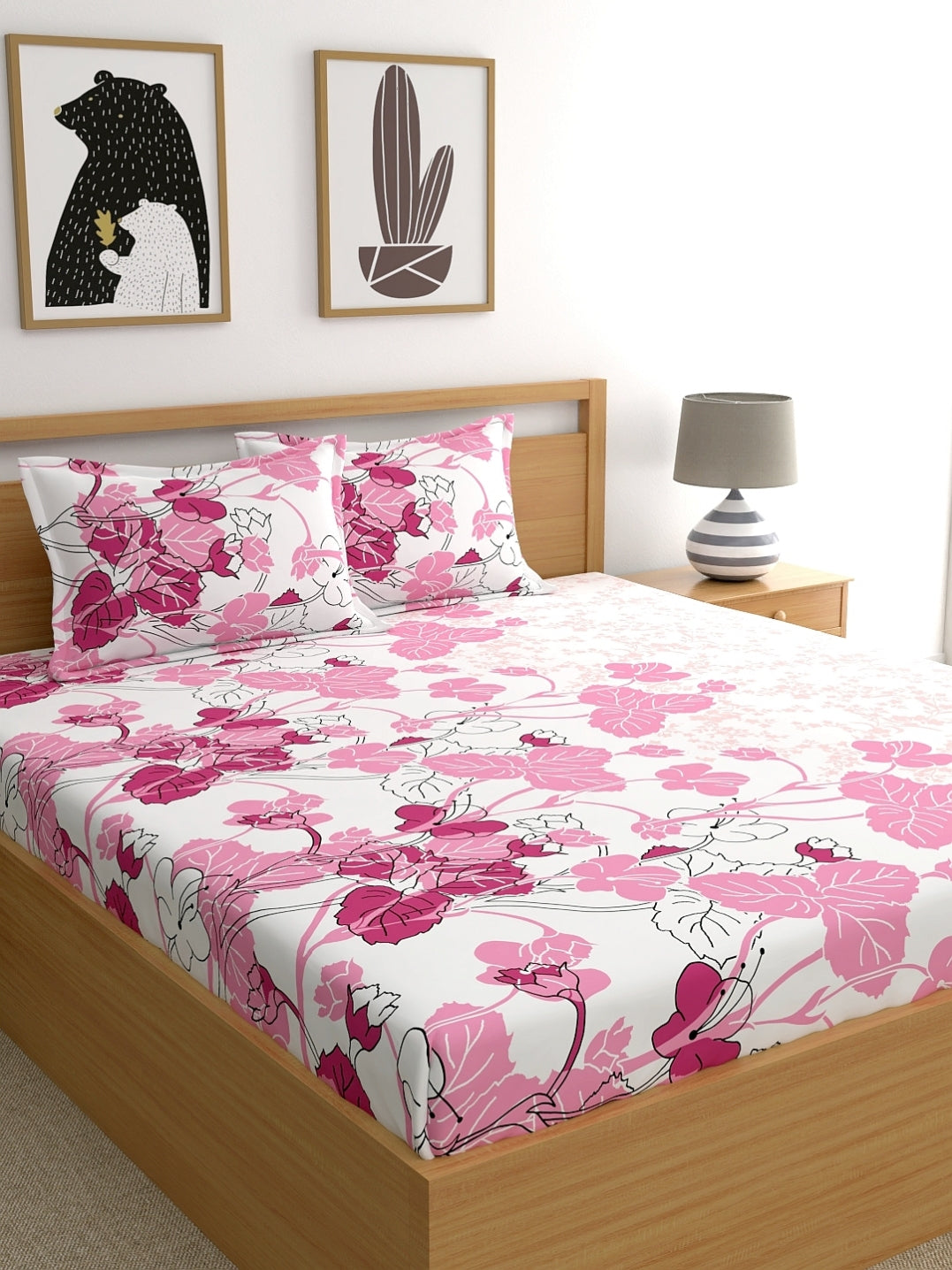 Home Ecstasy 100% Cotton Floral Bedsheet Set | 140 TC | Light Pink