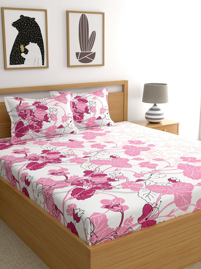 Home Ecstasy 100% Cotton Floral Bedsheet Set | 140 TC | Light Pink