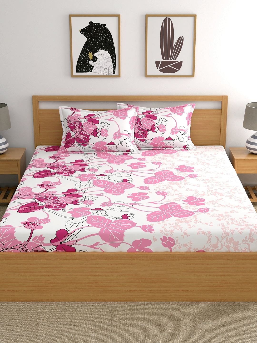 Home Ecstasy 100% Cotton Floral Bedsheet Set | 140 TC | Light Pink