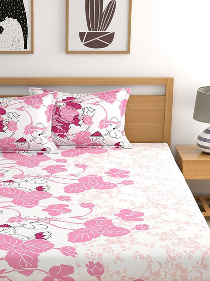 Home Ecstasy 100% Cotton Floral Bedsheet Set | 140 TC | Light Pink