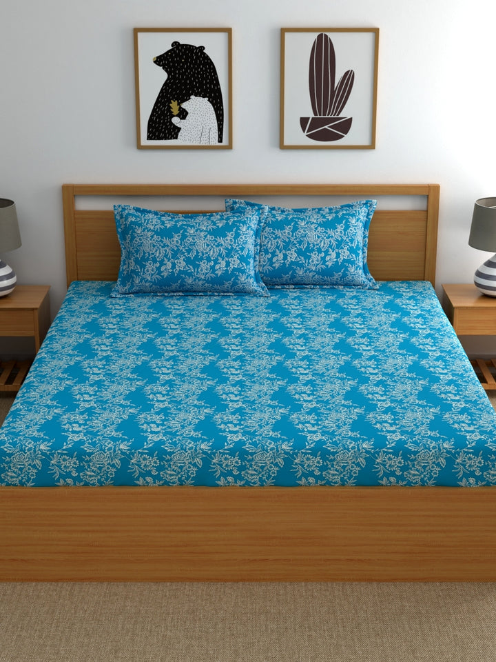 Home Ecstasy 100% Cotton Floral Bedsheet Set | 140 TC | Turqoise