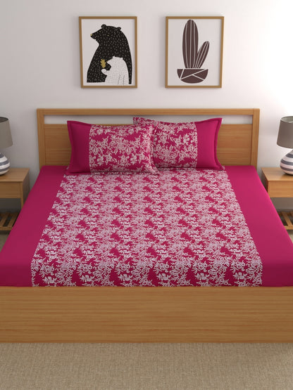 Home Ecstasy 100% Cotton Floral Bedsheet Set | 140 TC | Dark Pink