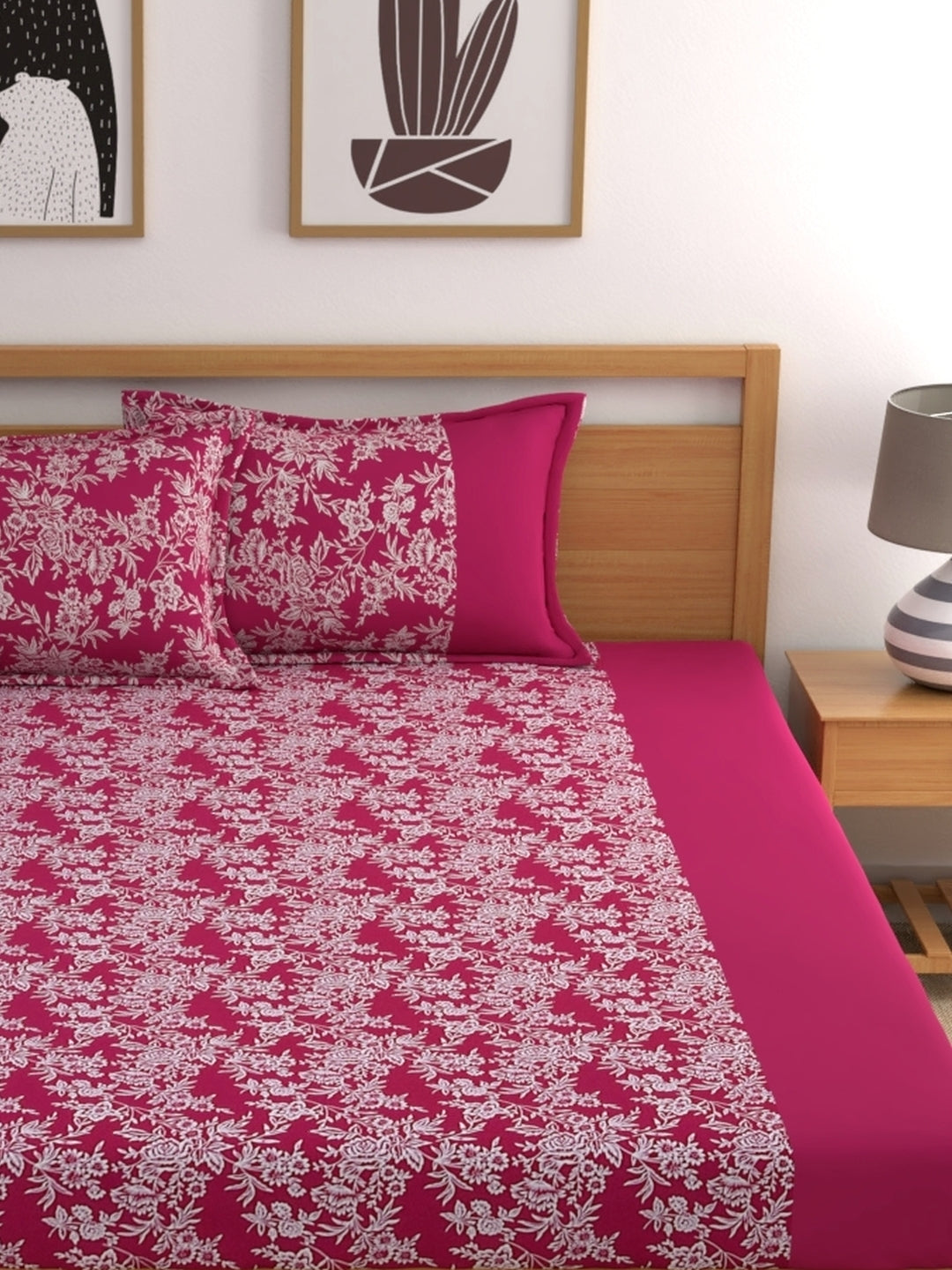 Home Ecstasy 100% Cotton Floral Bedsheet Set | 140 TC | Dark Pink
