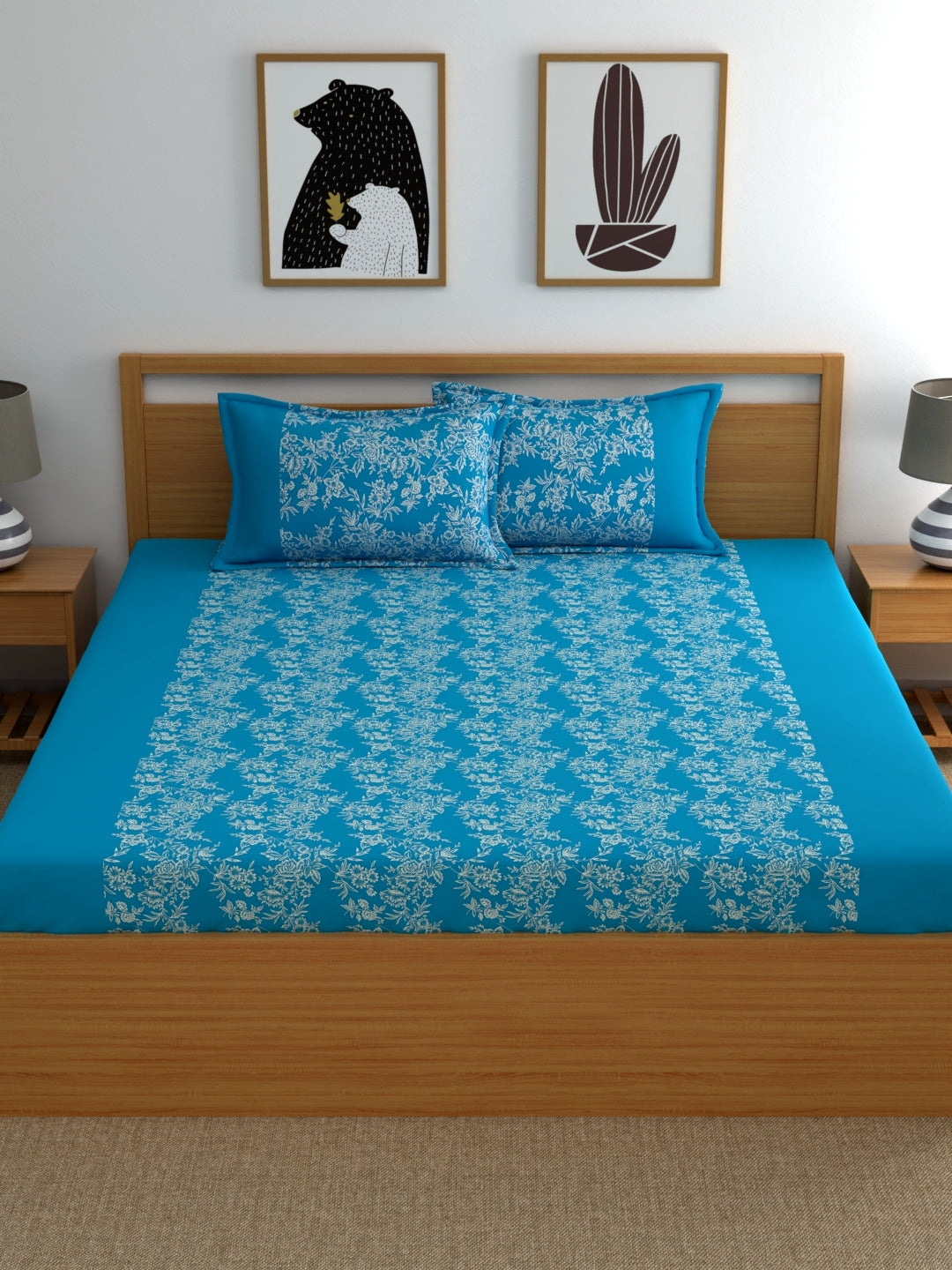 Home Ecstasy 100% Cotton Floral Bedsheet Set | 140 TC | Turqoise