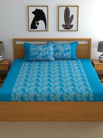 Home Ecstasy 100% Cotton Floral Bedsheet Set | 140 TC | Turqoise