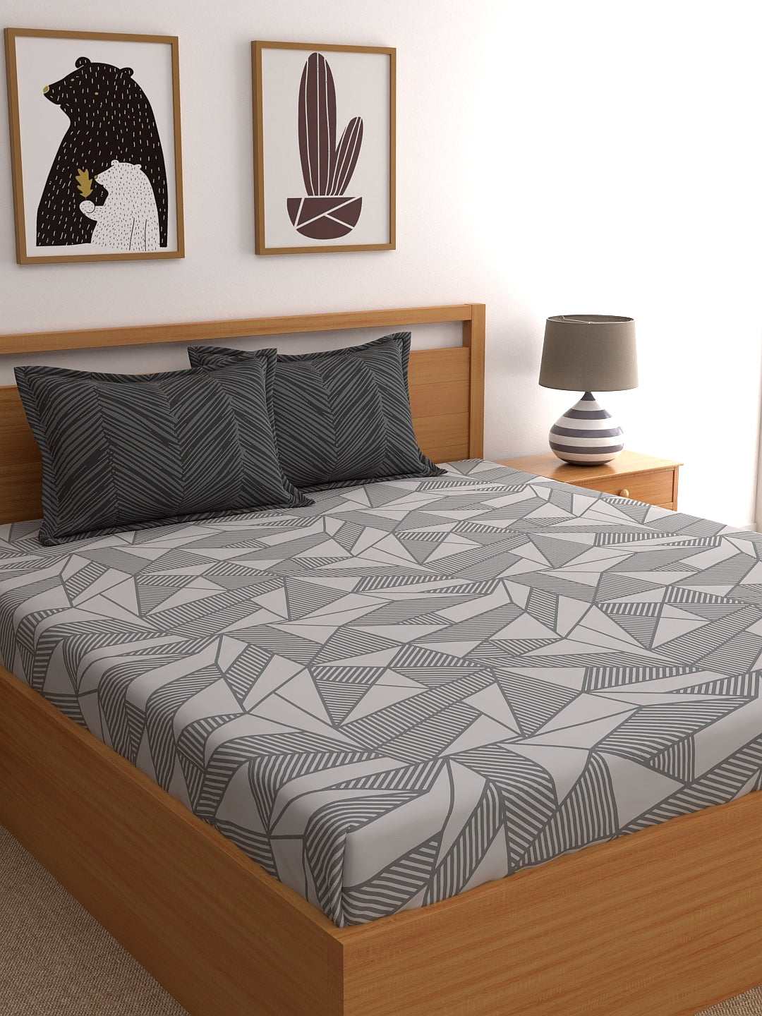 Home Ecstasy 100% Cotton Geometric Bedsheet Set | 140 TC | Grey