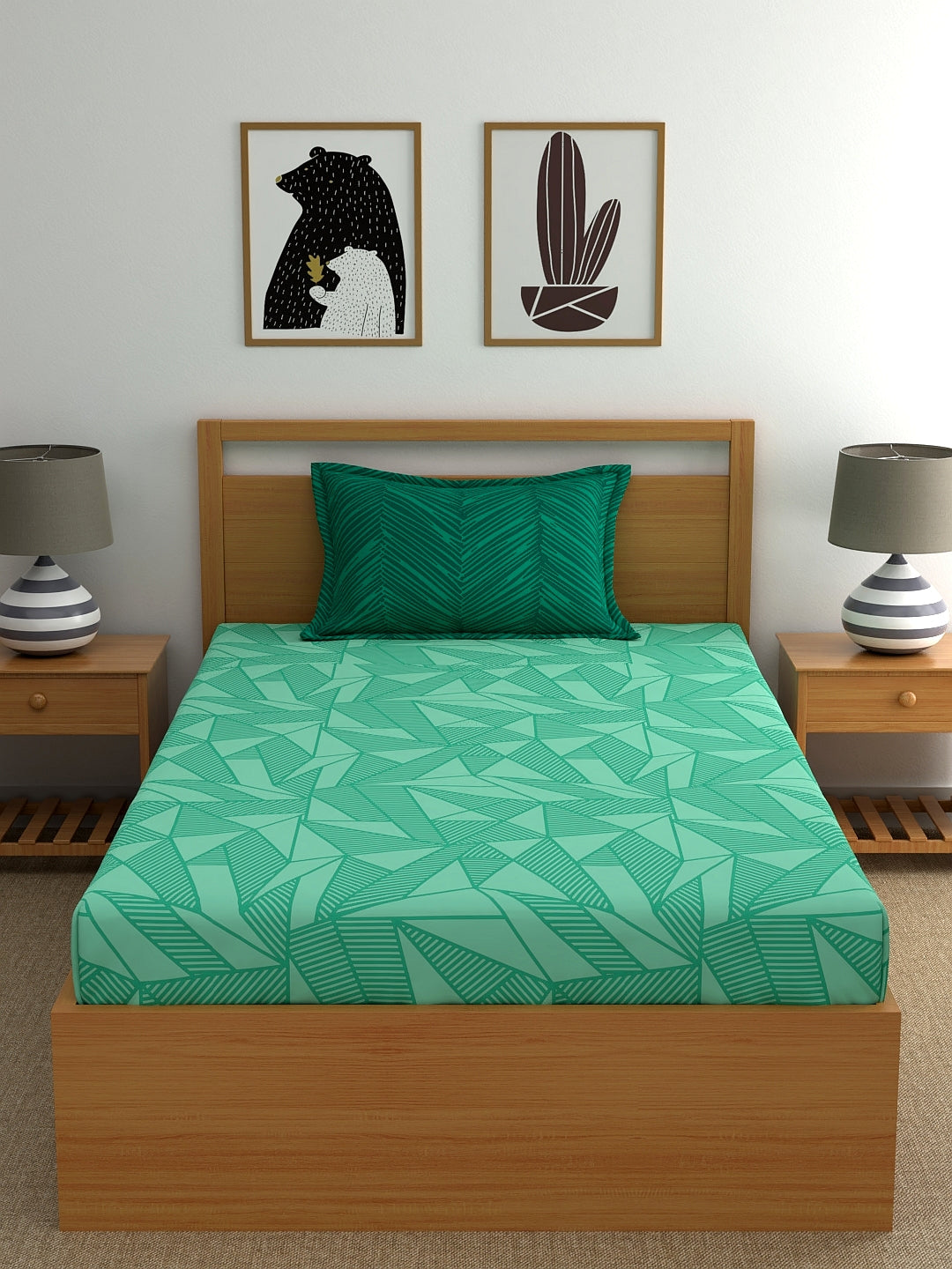 Home Ecstasy 100% Cotton Geometric Bedsheet Set | 140 TC | Green