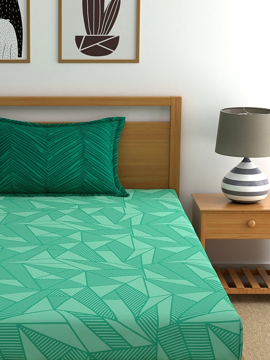 Home Ecstasy 100% Cotton Geometric Bedsheet Set | 140 TC | Green