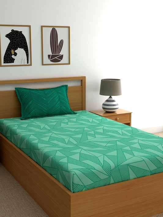 Home Ecstasy 100% Cotton 140 TC Geometric Fitted Bedsheet Set - Colour: Green
