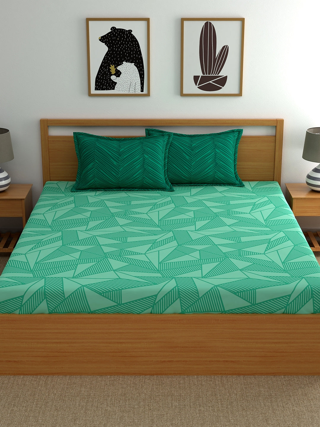Home Ecstasy 100% Cotton Geometric Bedsheet Set | 140 TC | Green