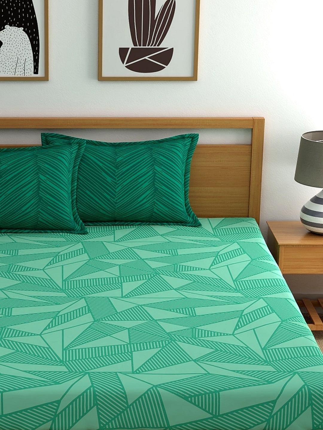 Home Ecstasy 100% Cotton Geometric Bedsheet Set | 140 TC | Green