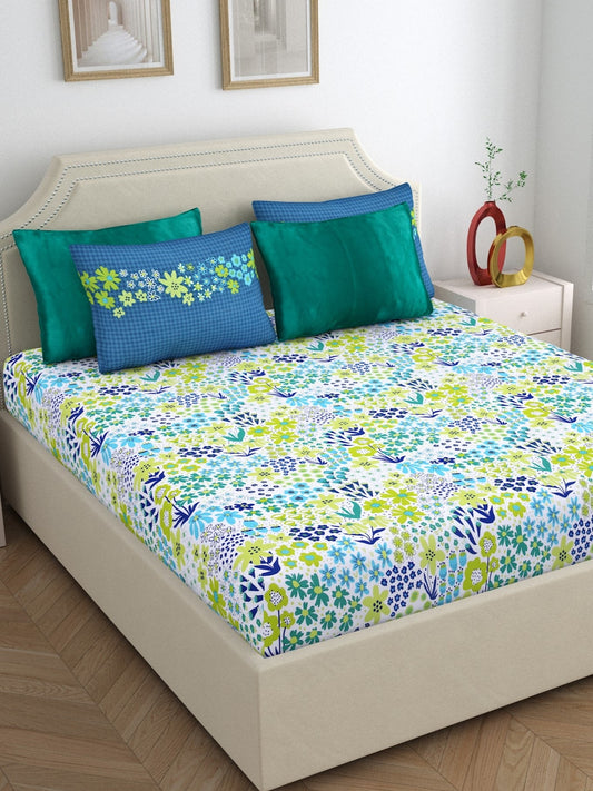 Home Ecstasy 100% Cotton 140 TC Floral Bedsheet Set - Colour: Blue (Copy) (Double-5 piece)