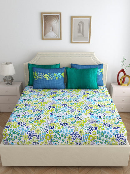 Home Ecstasy 100% Cotton Floral Bedsheet Set | 140 TC | Blue