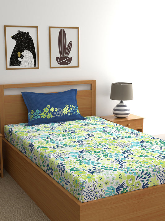 Home Ecstasy 100% Cotton 140 TC Floral Bedsheet Set - Colour: Blue (Single Fitted)