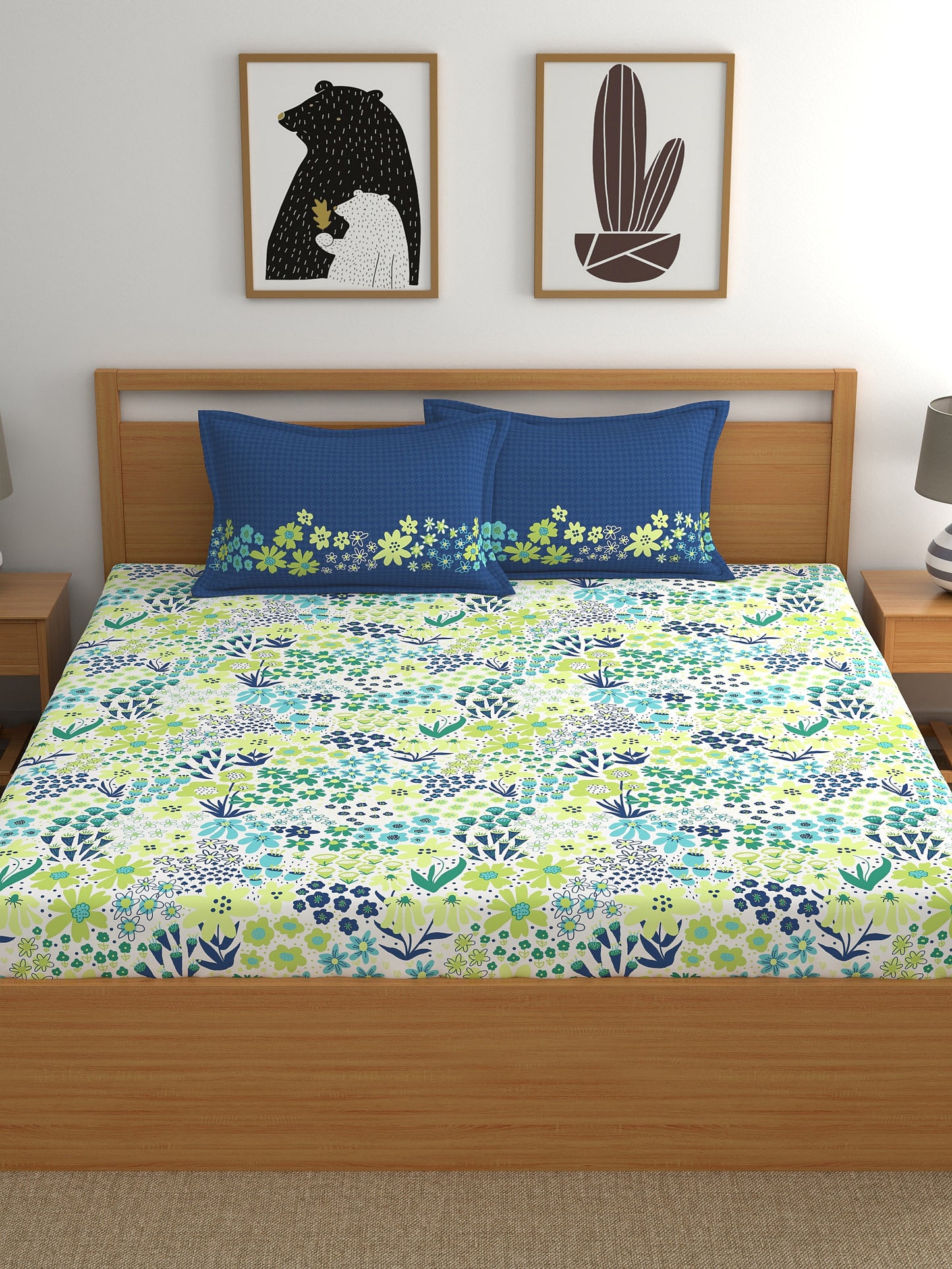 Home Ecstasy 100% Cotton 140 TC Floral Bedsheet Set - Colour: Blue