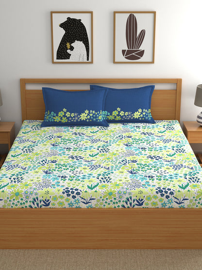 Home Ecstasy 100% Cotton 140 TC Floral Bedsheet Set - Colour: Blue