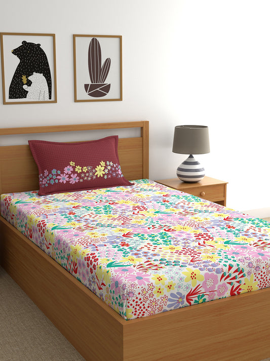 Home Ecstasy 100% Cotton 140 TC Floral Fitted Bedsheet Set - Colour: Red