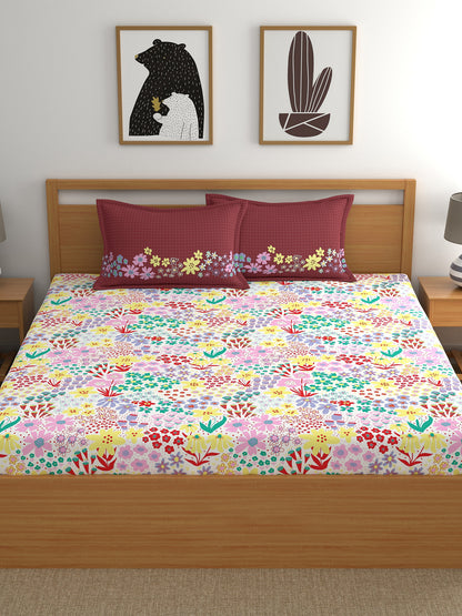 Home Ecstasy 100% Cotton Floral Bedsheet Set | 140 TC | Red