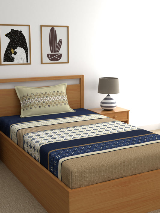 Home Ecstasy 100% Cotton Ethnic Fitted Bedsheet Set | 140 TC | Blue