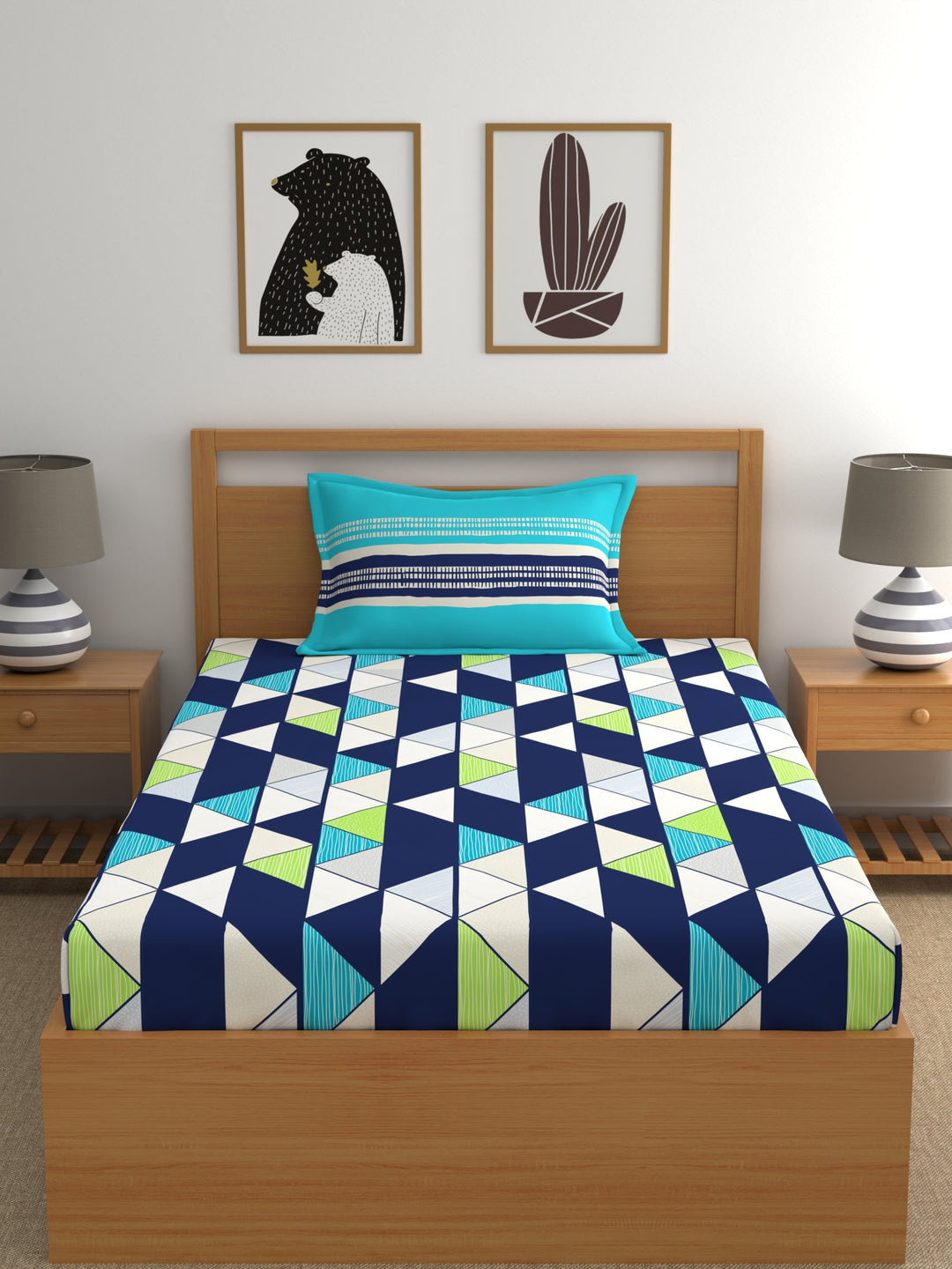 Home Ecstasy 100% Cotton Geometric Bedsheet Set | 140 TC | Navy Blue