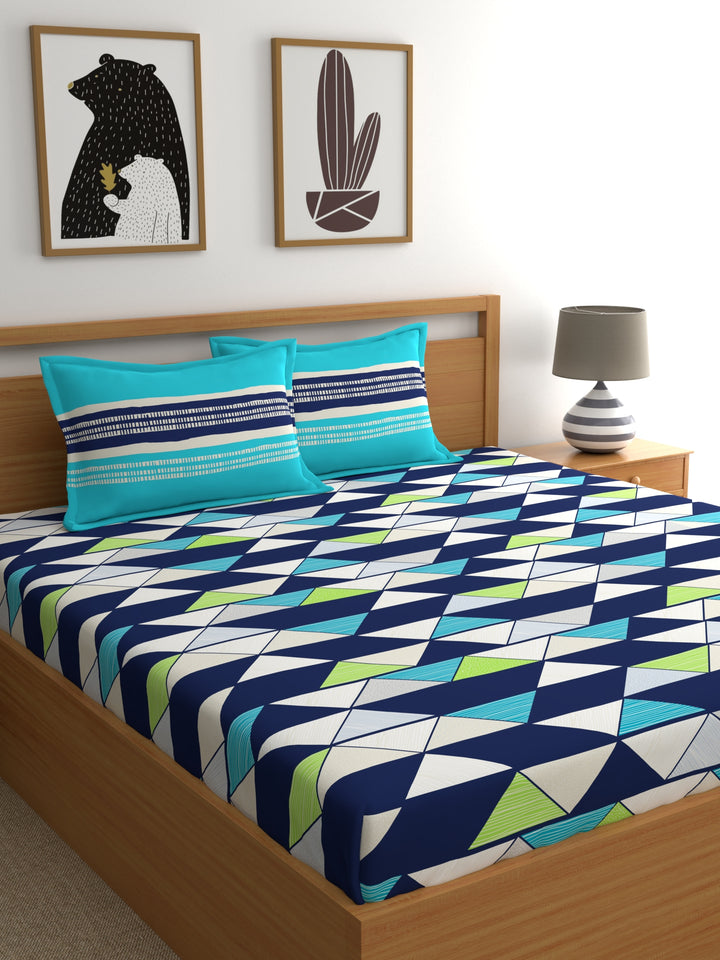 Home Ecstasy 100% Cotton Geometric Bedsheet Set | 140 TC | Navy Blue