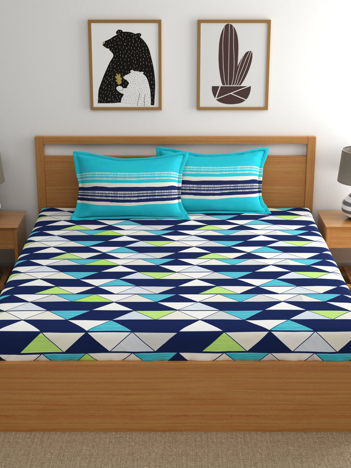 Home Ecstasy 100% Cotton Geometric Bedsheet Set | 140 TC | Navy Blue