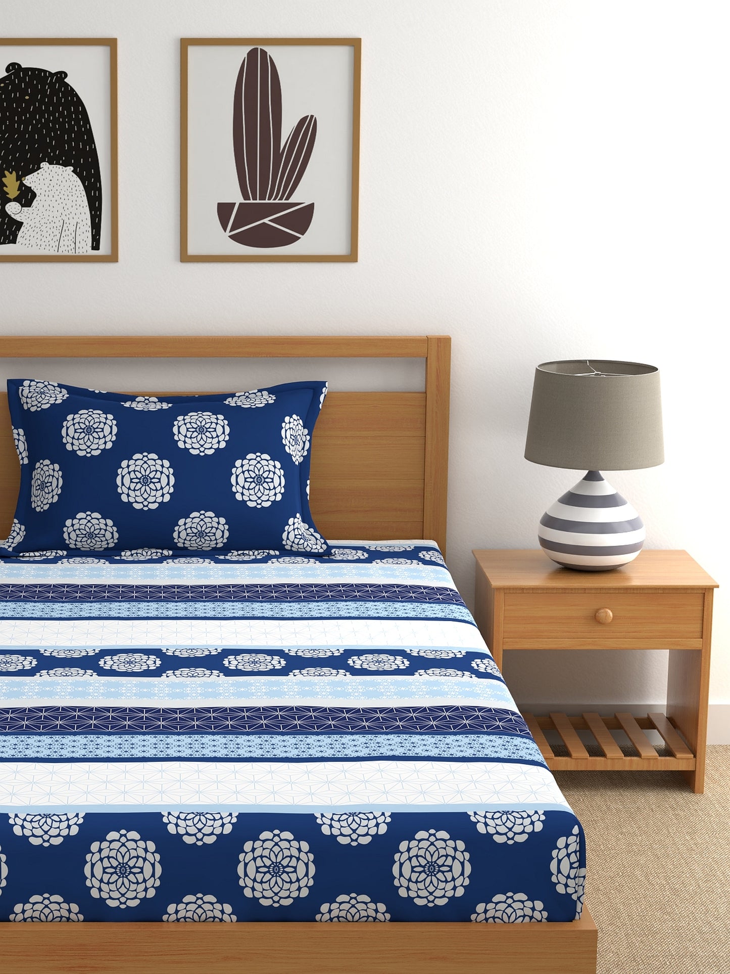 Home Ecstasy 100% Cotton Ethnic Bedsheet Set | 140 TC | Blue