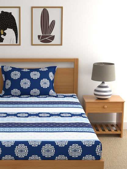 Home Ecstasy 100% Cotton Ethnic Bedsheet Set | 140 TC | Blue