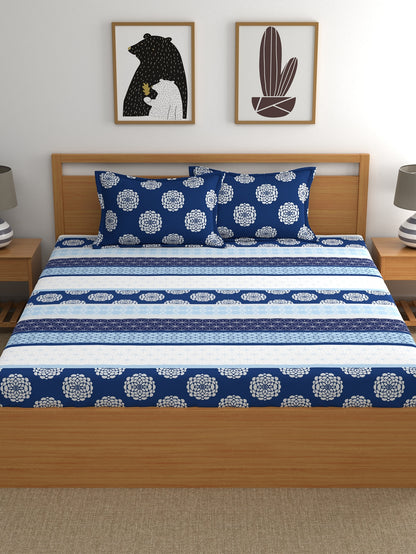Home Ecstasy 100% Cotton Ethnic Bedsheet Set | 140 TC | Blue