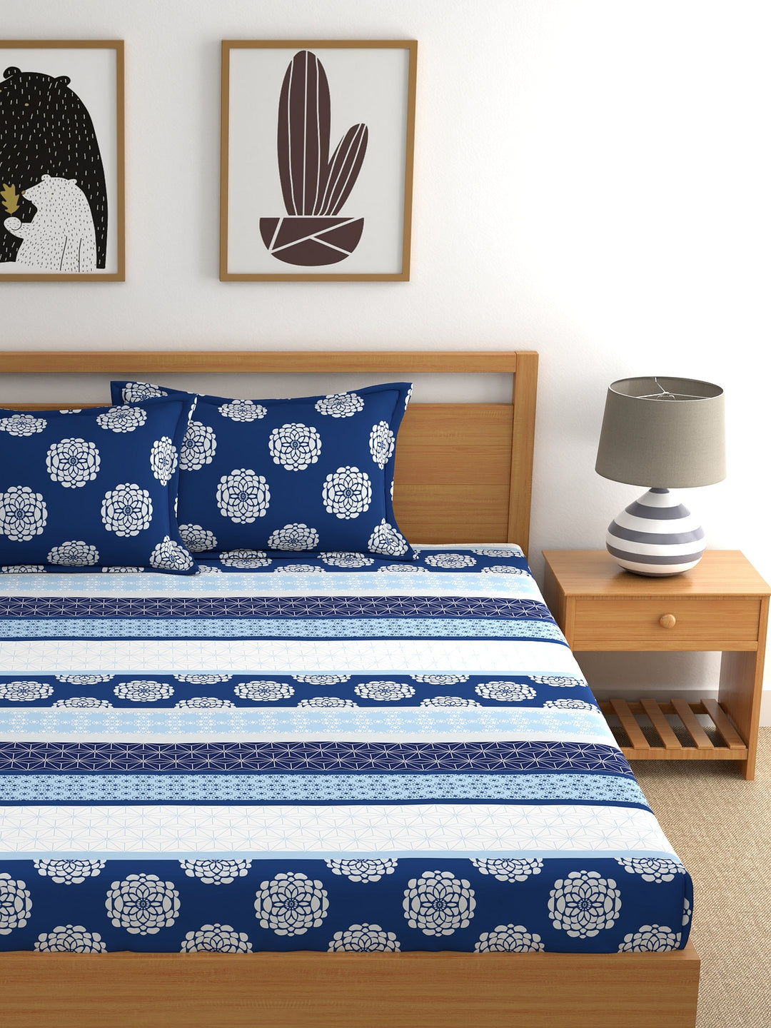 Home Ecstasy 100% Cotton Ethnic Bedsheet Set | 140 TC | Blue
