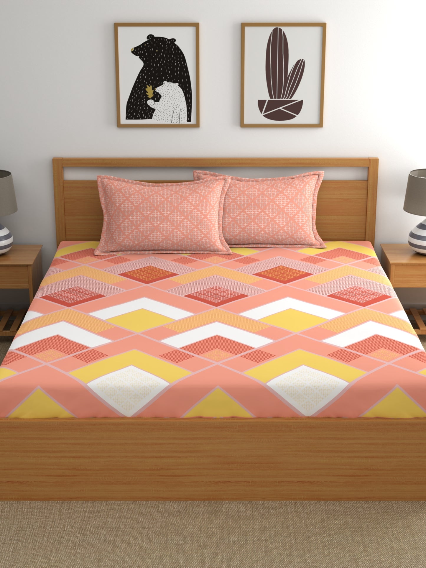 Home Ecstasy 100% Cotton Geometric Bedsheet Set | 140 TC | Peach