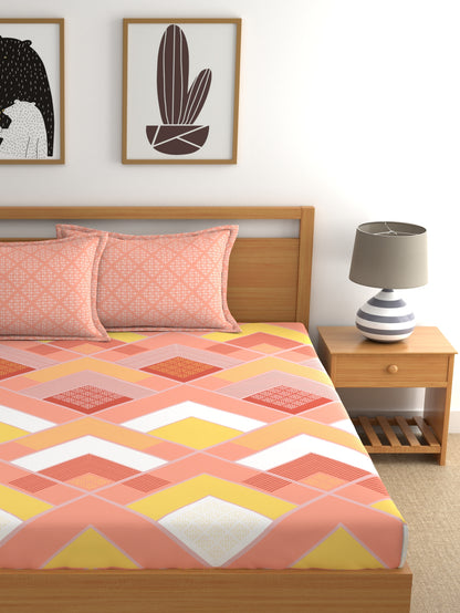 Home Ecstasy 100% Cotton Geometric Bedsheet Set | 140 TC | Peach